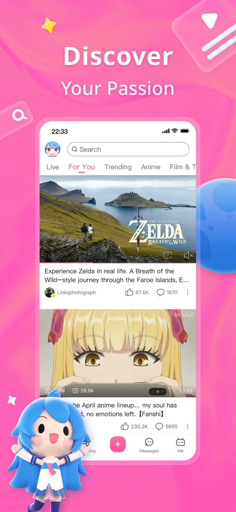 bilibili - All Your Fav Videos - La aplicación ofrece un "feed Para Ti" dinámico, mostrando videos recomendados de Zelda y clips de anime, adaptados a los intereses individuales de los usuarios.