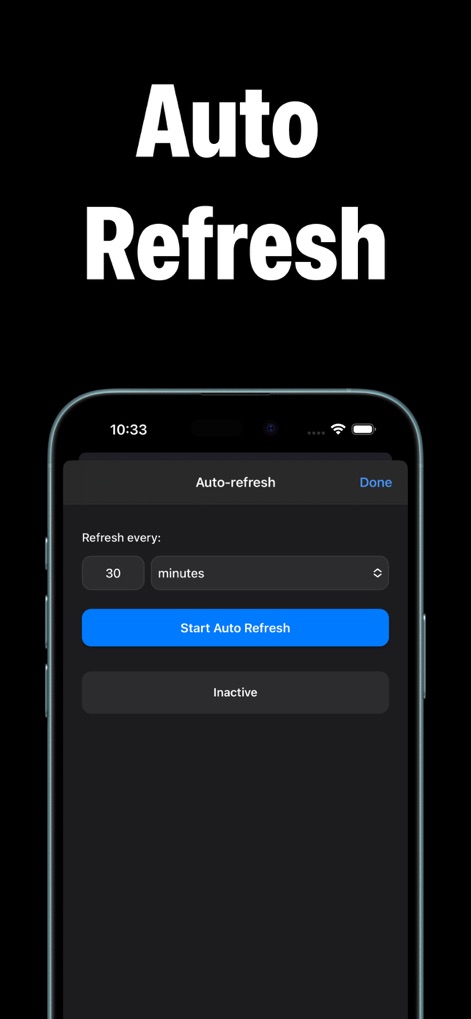 Auto Click - Auto Clicker app - Este visual destaca a configuração de Atualização Automática, permitindo que os usuários especifiquem a frequência de atualização em minutos e controlem o início e parada da função.
