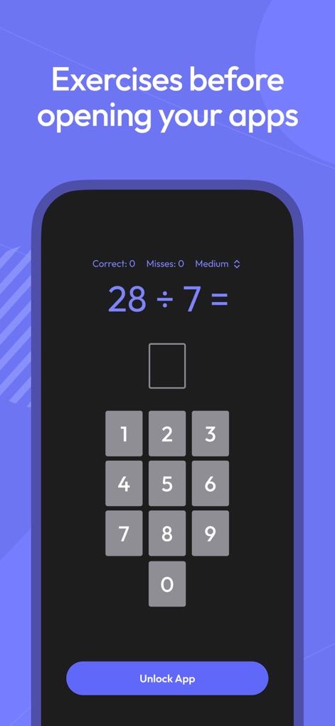 ScreenZen- Screen Time Control - The app encourages conscious pauses through cognitive exercises, such as a "math problem" requiring input from the interactive "number pad" before granting access.