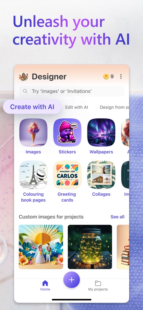 Microsoft Designer - La aplicación presenta una interfaz intuitiva que organiza las funcionalidades clave, como la creación de imágenes y stickers, en categorías accesibles, permitiendo a los usuarios empezar proyectos creativos de inmediato.