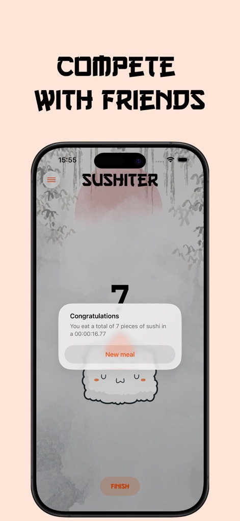 Sushiter: Sushi Count - View post-meal achievements through the "Congratulations" pop-up detailing sushi count, and easily initiate a "New meal" session.
