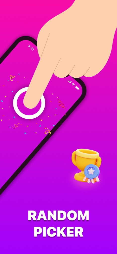 Finger Chooser: Party Picker - この機能では、指一本でランダムな選択が行われ、優勝者を決定します。舞い散る紙吹雪の演出と、勝利の象徴であるトロフィーが、選定プロセスを盛り上げます。