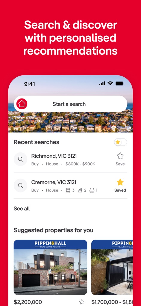 realestate.com.au - Property - 이 앱은 'Start a search' 검색창과 'Suggested properties for you' 맞춤 추천을 통해 사용자의 관심사에 맞는 부동산을 쉽게 찾아볼 수 있도록 돕습니다.
