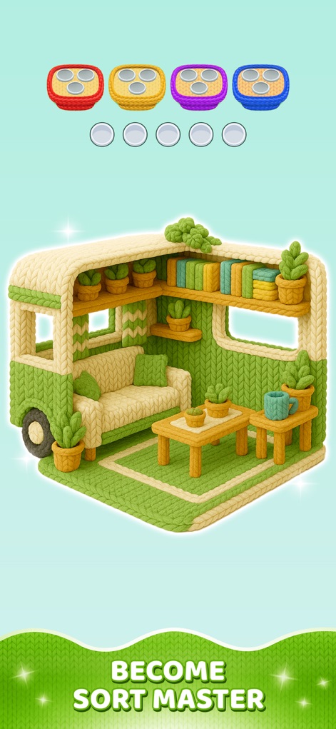 Yarn Sort 3D: Jam Puzzle - Observe the complex sorting mechanics as the app showcases a unique knitted camper van interior, inviting users to become a 'Sort Master' by organizing the multiple yarn stacks at the top.