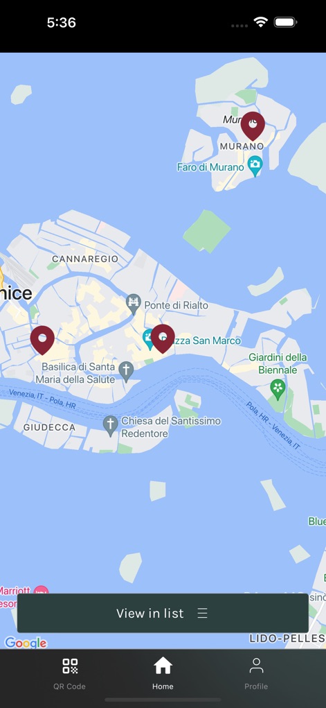 MuVe - Users can explore Venice's Civic Museums through an interactive map, displaying key locations and offering a quick switch to a list view for comprehensive browsing.