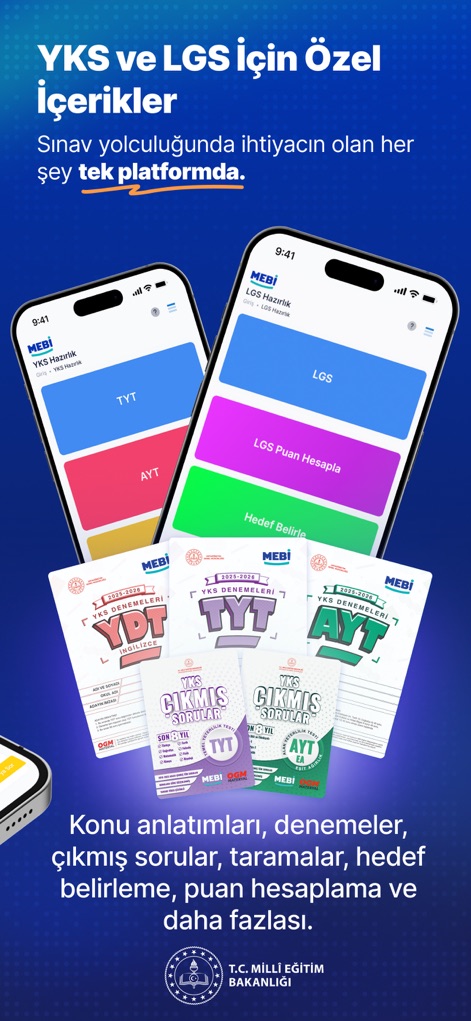 MEBİ - このプラットフォームは、YKSおよびLGS専用の準備画面を通じて、各試験に特化したサポートを提供します。ユーザーは、豊富な模擬試験や過去問のカバーから、実践的な演習と自己評価のための貴重なリソースを得ることができます。