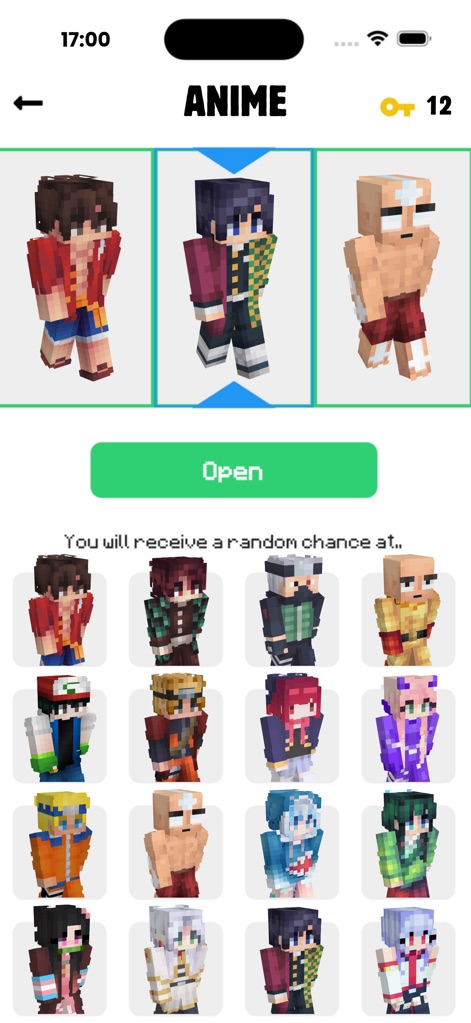 SkinCraft- Skins for Minecraft - L'application propose une vaste collection de skins inspirés de l'univers manga et anime, que les joueurs peuvent débloquer en utilisant le système de clés pour une chance aléatoire.