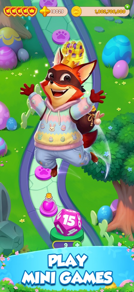 Crazy Fox - Big Win - この画面には、飛び跳ねる元気なキツネのキャラクターと、サイコロや薬のボトルなどの多様なゲーム要素が散りばめられた曲がりくねったパスが描かれており、ユーザーはミニゲームを楽しめます。