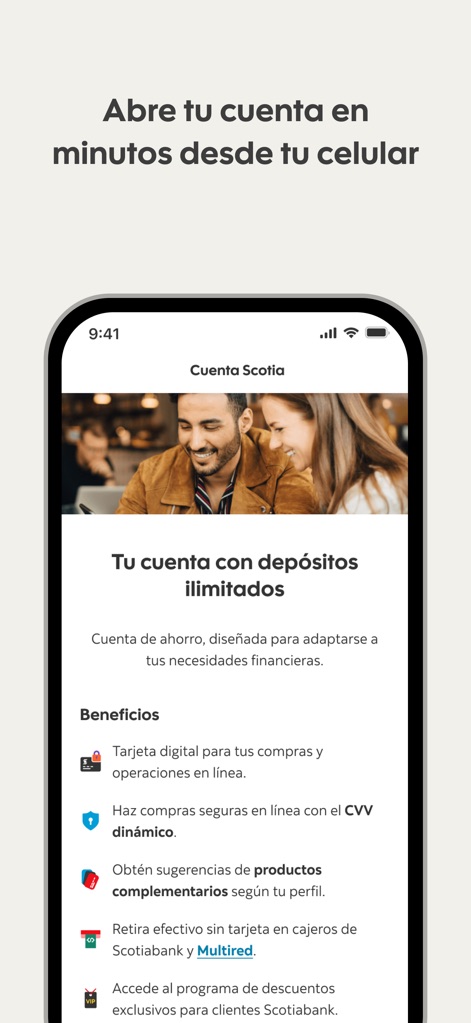 ScotiaMóvil MX - L'application permet d'ouvrir une 'Cuenta Scotia' en quelques minutes directement depuis le téléphone, et met en avant des avantages comme la 'Tarjeta digital para tus compras' en ligne.