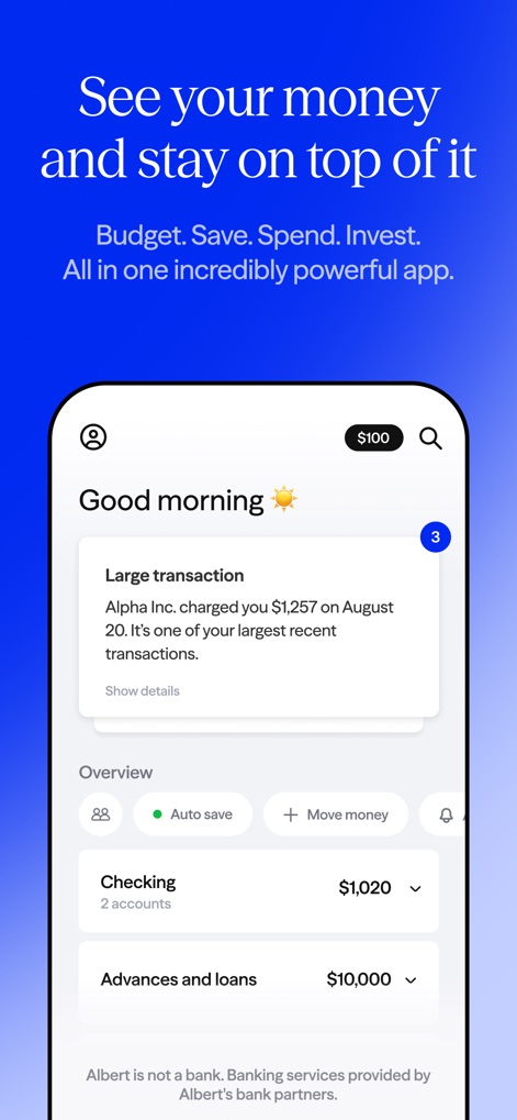 Albert: Budgeting and Banking - See how Albert: Budgeting and Banking consolidates financial accounts and highlights critical transaction alerts for a comprehensive overview of your money.