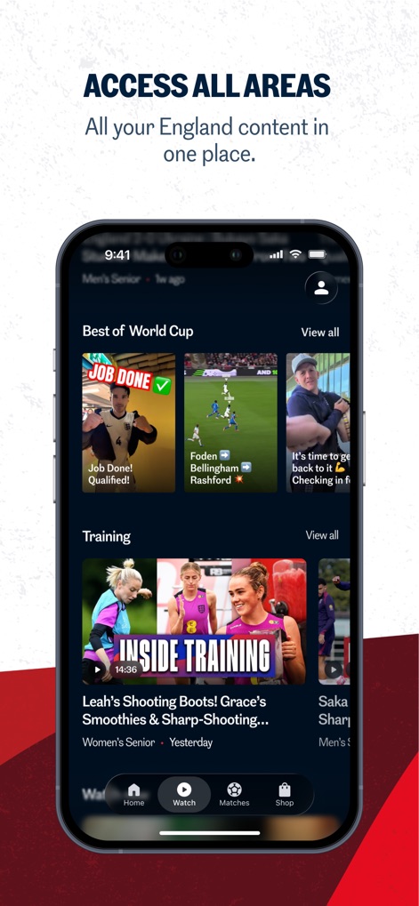 The Official England App - Users can explore exclusive behind-the-scenes video content categorized by themes like 'Best of World Cup' and 'Training', easily accessible through distinct video thumbnails.