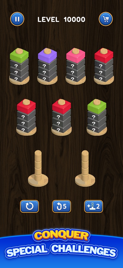 Nut Sort: Color Puzzle Games - Challenge yourself with the mysterious question mark nuts and unique special grey nut stacks that introduce an element of surprise.