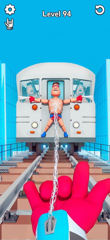 Ragdoll Hero Break Games - The app offers thrilling, high-stakes levels, showcasing a ragdoll dummy dramatically tied to the front of a subway car, with passengers observing from the windows.