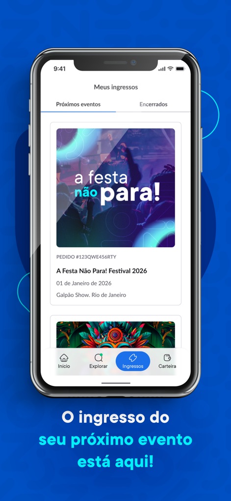 Zig: Ingressos e consumo fácil - This interface clearly segments tickets into categories like 'Próximos eventos' (Upcoming events) and displays individual event cards, such as for the 'A Festa Não Para! Festival 2026'.