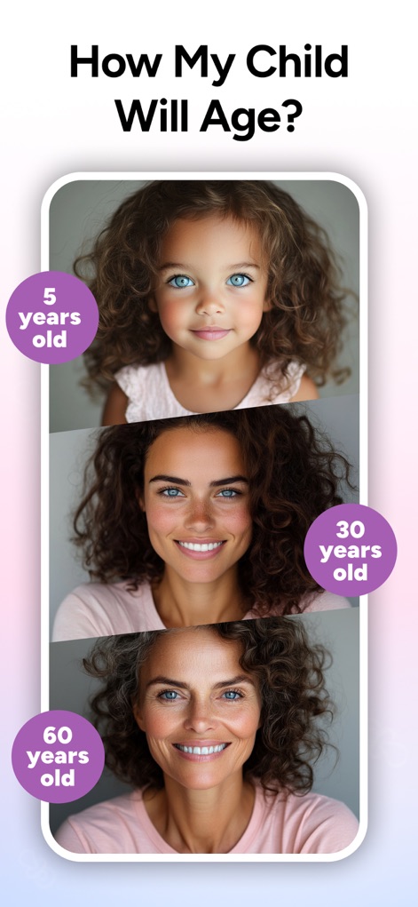 AI Baby Generator - TinyFaces - Discover the fascinating Aging Simulation feature, showcasing a child's evolution from an adorable infant to a mature adult with clear age markers.