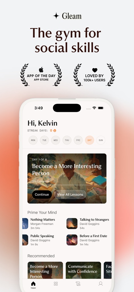 Gleam: Social Intelligence - The app's intuitive home screen displays personalized streaks and offers access to courses like 'Become a More Interesting Person'.
