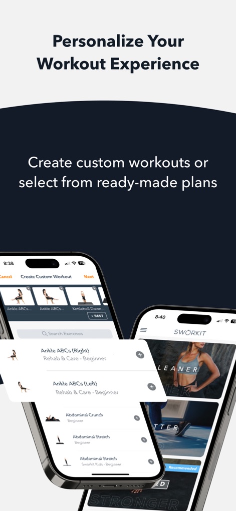 Sworkit Fitness & Wellness App - Les utilisateurs peuvent créer des routines sur mesure via l'interface "Créer un Entraînement Personnalisé" en sélectionnant des exercices comme "Ankle ABCs".
