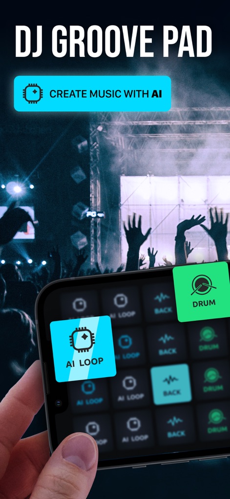 DJ Mix Pads 2 - AI Music Mixer - La aplicación introduce la capacidad de generar ritmos con Inteligencia Artificial, destacando el botón 'CREATE MUSIC WITH AI' y el pad dedicado 'AI Loop' que simplifica la producción.