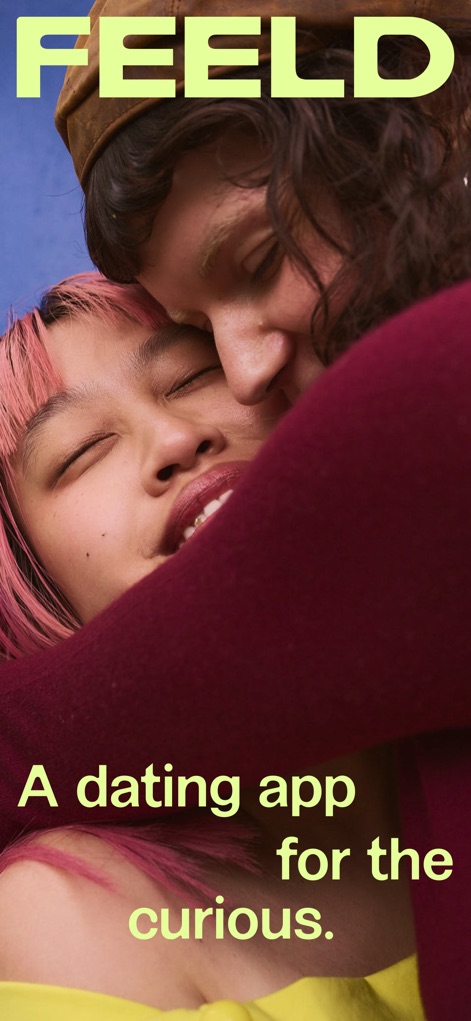 Feeld: Dating for the Curious - La portada de la aplicación muestra a dos personas en un abrazo íntimo, reflejando el ambiente de conexión, y el lema "A dating app for the curious" resalta su enfoque en la exploración y las relaciones diversas.