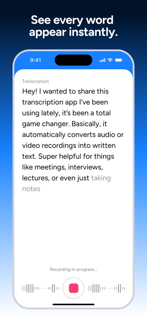 Soniox - Speech to Text - Witness spoken words instantly convert to text in real-time, clearly indicated by the 'Recording in progress...' message and an active waveform visual.