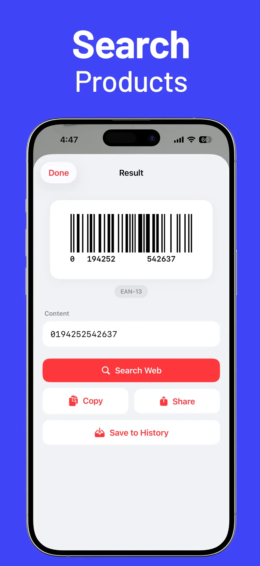 QR Reader & Creator showing QR scanning, QR creation types, and saved history on iPhone (4/6)