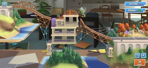 Bridge Constructor Studio - Esta ferramenta possibilita a construção de estruturas elevadas e multi-nível, como a rampa íngreme de madeira e o edifício integrado, que um caminhão monstro testa em seu percurso.