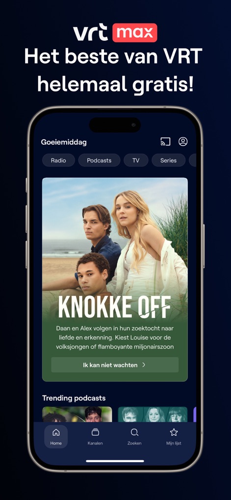 VRT MAX - A tela inicial destaca o programa "Knokke Off" com uma imagem atraente e apresenta a seção de "Trending podcasts" para fácil descoberta de conteúdo.