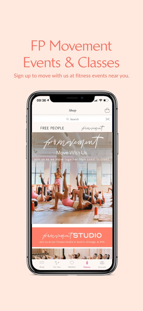 Free People - O aplicativo promove a interação e o bem-estar com a seção "FP Movement Events & Classes", que exibe uma imagem de uma aula de fitness em grupo e o banner "Move With Us" para eventos.