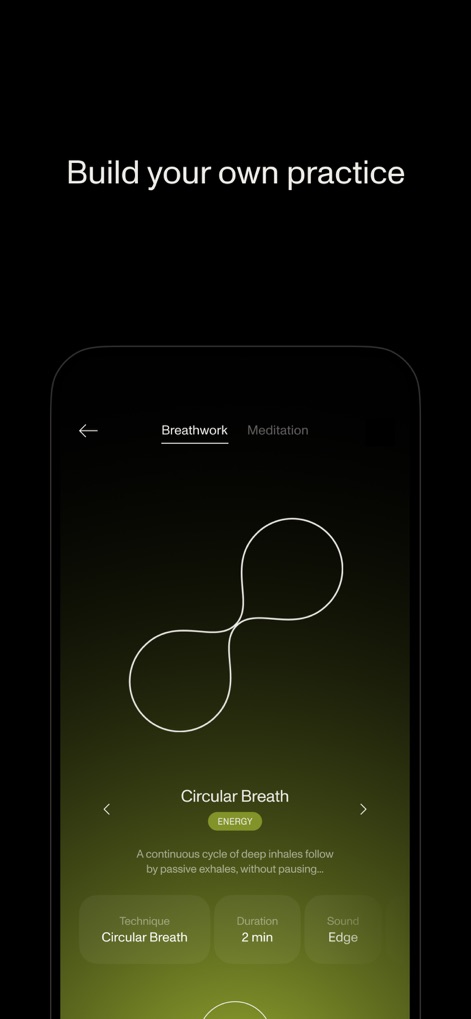 Open: Breathwork + Meditation - Los usuarios pueden configurar su experiencia de respiración con opciones como 'Circular Breath' y la categoría 'ENERGY', además de personalizar la 'Duration' y el 'Sound' para adaptarla a sus necesidades.