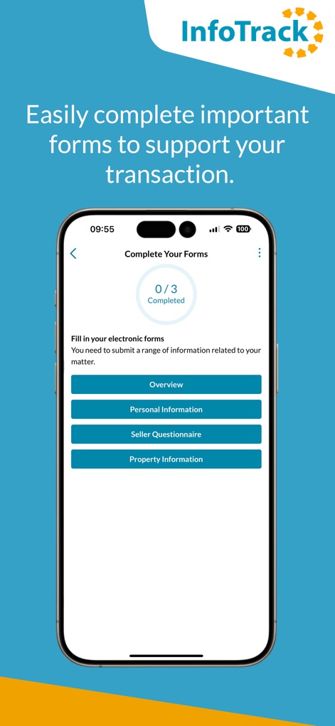 eCOS Legal - 사용자는 이 앱을 통해 중요한 법률 서식을 효율적으로 작성할 수 있으며, '개인 정보' 및 '부동산 정보'와 같은 다양한 서식 섹션에 접근하고 완료된 진행 상황을 확인할 수 있습니다.