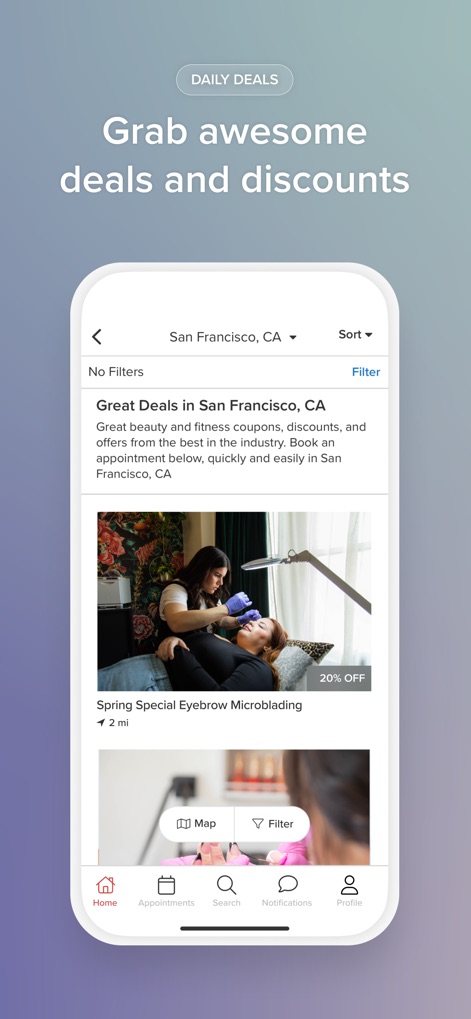Vagaro - The app highlights attractive promotions with clear discount percentages and allows users to filter deals, ensuring they find the best offers.