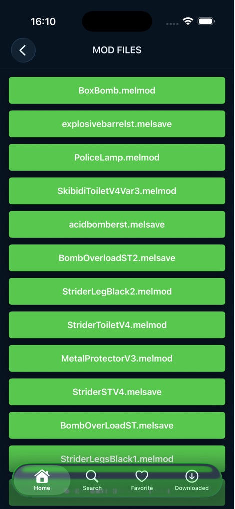 Mods For Melon Playgrounds! - この画面では、「.melmod」と「.melsave」のような様々な種類のモッドファイルが一覧表示され、「SkibidiToiletV4Var3.melmod」などの具体的なファイルをユーザーは選択してダウンロードできます。