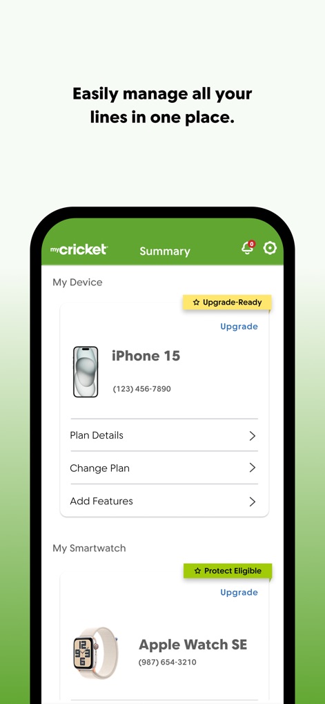 myCricket App - Nutzer können ihre gekoppelten Geräte wie das "iPhone 15" und die "Apple Watch SE" in einer zentralen Ansicht überblicken und verwalten.