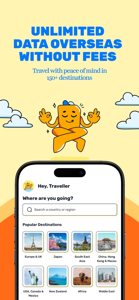 Simify eSIMs: Travel Connected - L'app offre un'interfaccia intuitiva con una chiara barra di ricerca per le destinazioni e schede predefinite per le mete più popolari, facilitando la scelta del piano dati ideale.