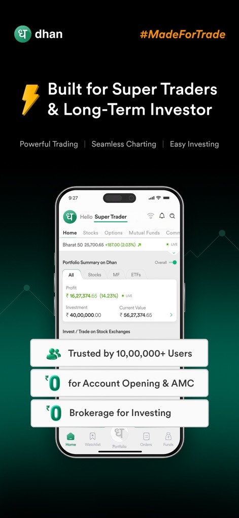 Dhan: Share Market Trading App - L'application offre une expérience de trading simplifiée, mettant en avant un "Portfolio Summary" détaillé et une transparence tarifaire avec "₹0 Brokerage for Investing".