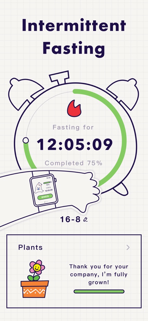 Intermittent Fasting Tracker ⁺ - Users can monitor their fasting duration with a real-time countdown timer and track their growth progress visually through the "Plants" reward system.