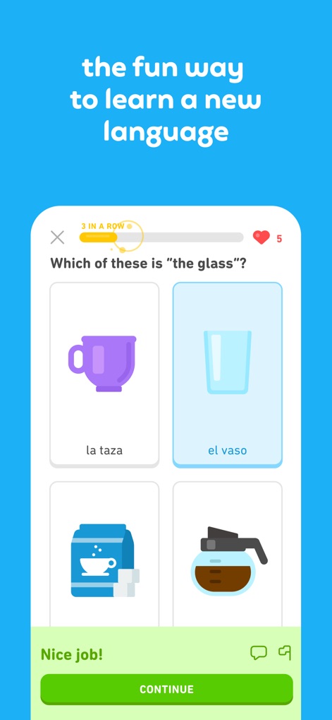 Duolingo: Language & Chess - Discover the app's interactive language practice, featuring a multiple-choice format and a motivating streak counter.