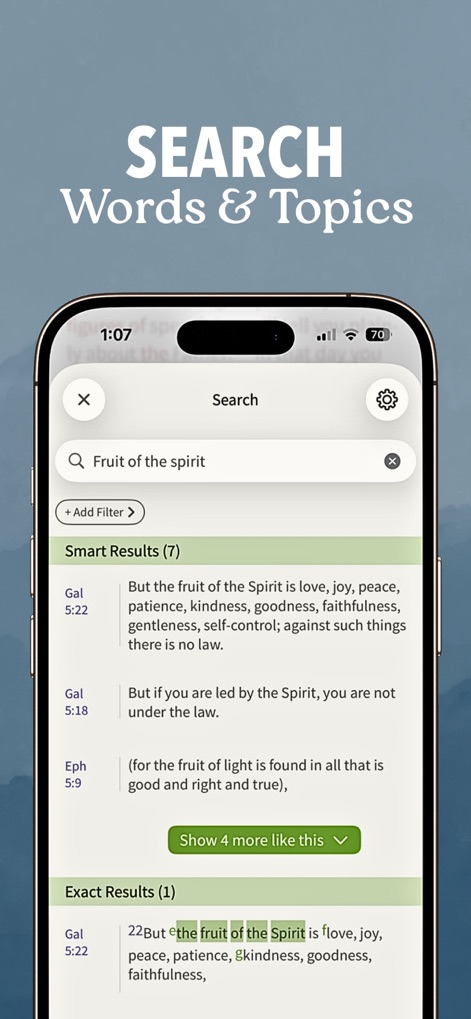 Bible App - Read & Study Daily - Efficiently locate specific passages and topics using the intelligent search function, which categorizes results into "Smart Results" and "Exact Results" for comprehensive inquiry.