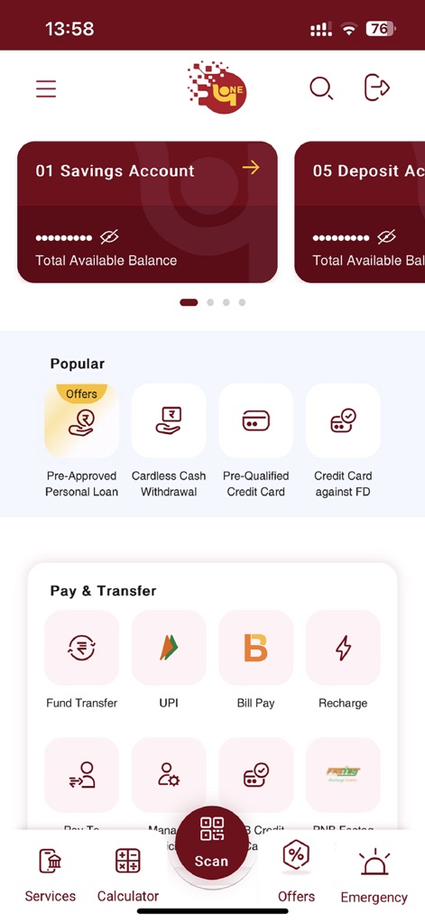 PNB ONE - The redesigned dashboard provides quick access to account summaries and essential payment options like Fund Transfer and UPI.