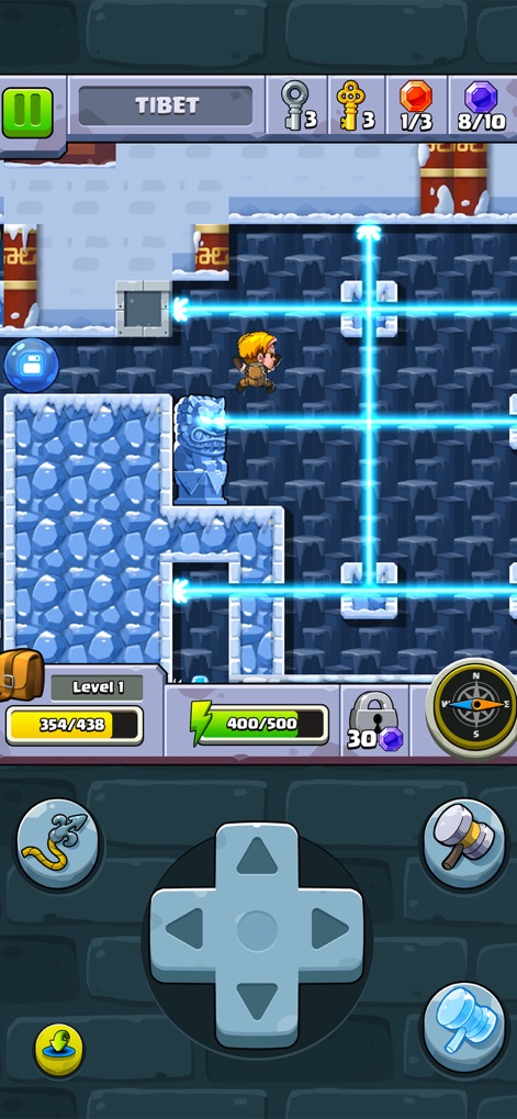 Diamond Quest: Don't Rush! - Explore the treacherous Tibet ice caves, where players encounter intricate blue laser grids and navigate icy platforms.