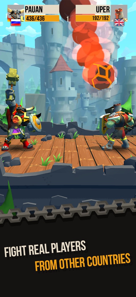 Duels - PVP game of Knighthood - The app demonstrates dynamic PvP engagements with a vibrant castle backdrop and various attack animations, such as the fiery projectile visible here.