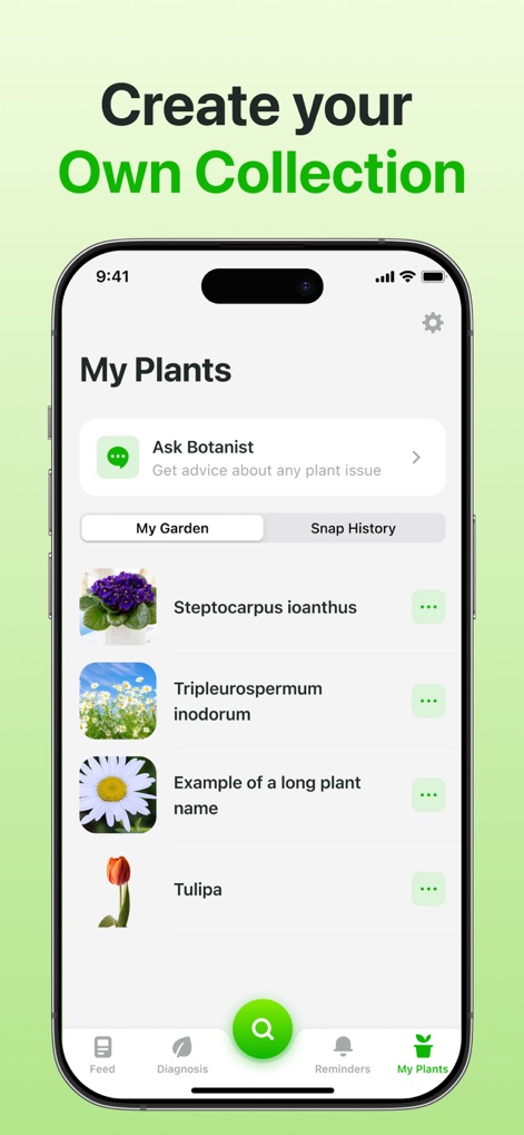 Plant Identifier & Care App - This feature allows users to organize their identified plants into a personal 'My Garden' collection, complete with plant names and thumbnail images.