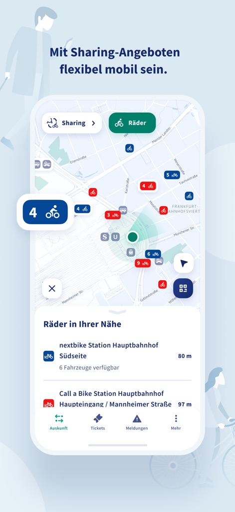 RMVgo - The app seamlessly integrates sharing options, showcasing available bikes on a dynamic map and listing nearby stations like nextbike with their vehicle availability.