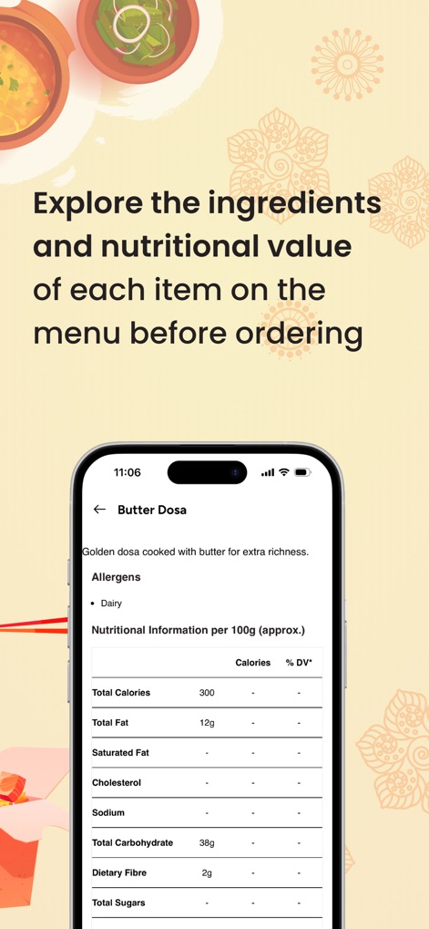 SmartQ - Food Ordering App - Esta seção detalha os ingredientes e o valor nutricional de cada item, com informações específicas sobre 'Nutritional Information per 100g (approx.)' e 'Allergens' para uma escolha consciente.