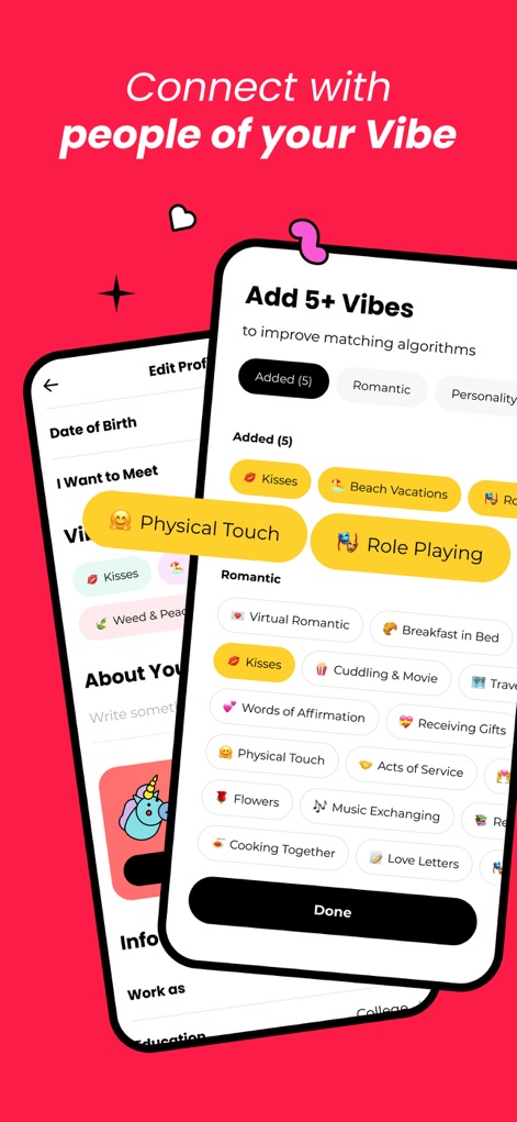 Once: Perfect Match Dating App - This screen demonstrates how users can enhance their matching algorithm by adding numerous "Vibes" from various categories, such as "Physical Touch" and "Role Playing," to their profile.