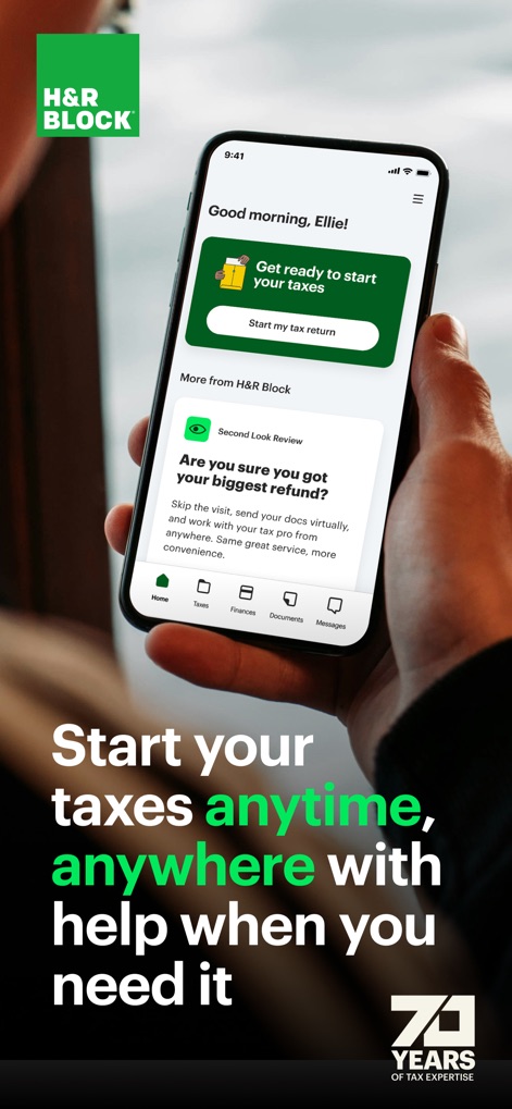 MyBlock: Tax Docs & Refund - The app offers a clear 'Get ready to start your taxes' call to action and an intuitive bottom navigation bar for easy access to core features.