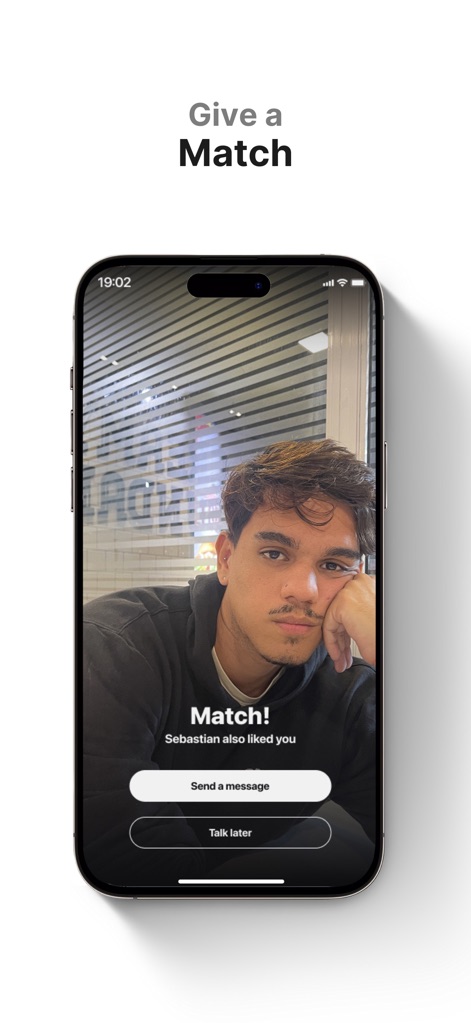 Umatch: Match, Chat & Meet - When a mutual like occurs, the app prominently displays a 'Match!' notification, offering immediate options to 'Send a message' or 'Talk later' with the new connection.