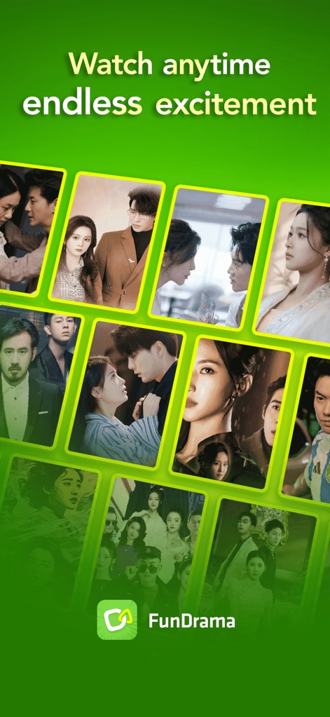 FunDrama - Funflip - A tela inicial apresenta uma vasta coleção de minisséries dramáticas em uma grade de miniaturas vibrantes, enquanto o logotipo do FunDrama no rodapé assegura a marca do aplicativo.