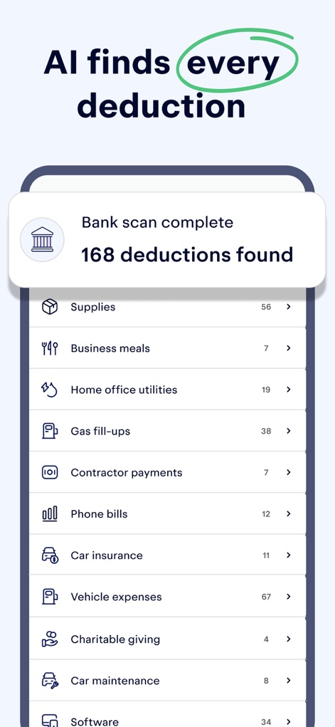 Keeper: Tax Filing & Expenses - The app leverages AI to automatically scan transactions, identifying numerous deductions like supplies and business meals in a clear, categorized list.