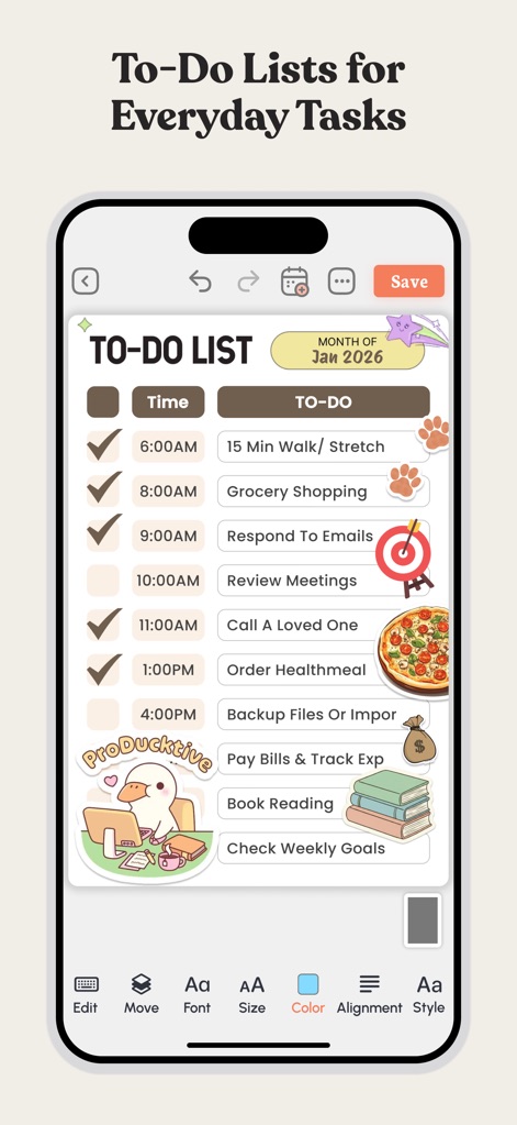 Daily Planner & To Do List - L'app presenta liste di attività chiare con caselle di spunta per tracciare i progressi e permette di assegnare orari specifici per le mansioni, assicurando che nulla venga dimenticato.